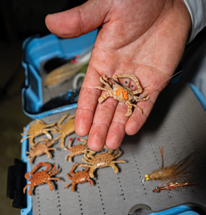 The crab flies float upright and are adorned with faux eggs to help fool hungry redfish.