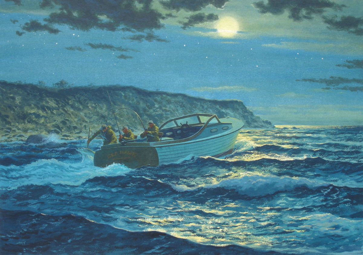 An old-school striper foray off Cuttyhunk is depicted in this John Rice painting.