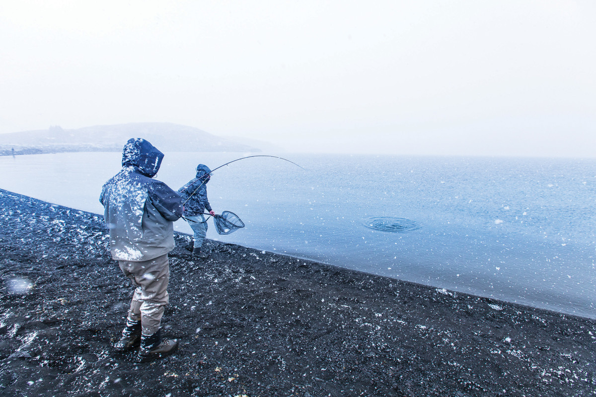 A bracing outing: Catching trophy trout during a snow squall.