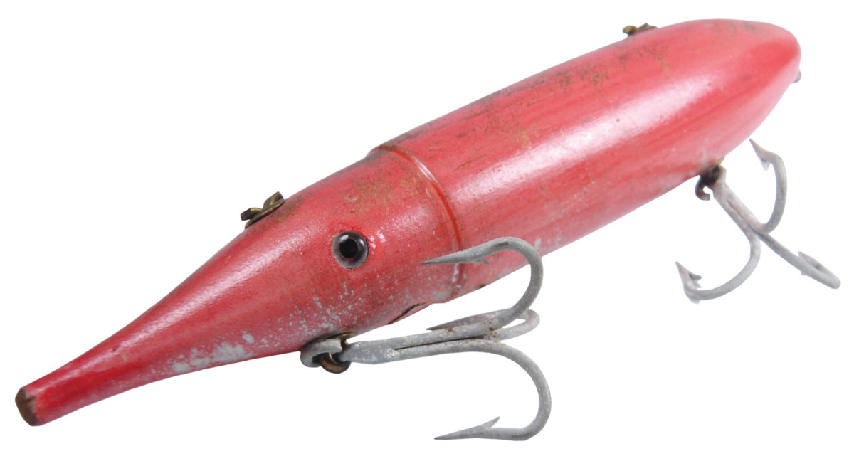 The wooden Norris Jet Squid plug, which is sought after by many saltwater lure collectors.