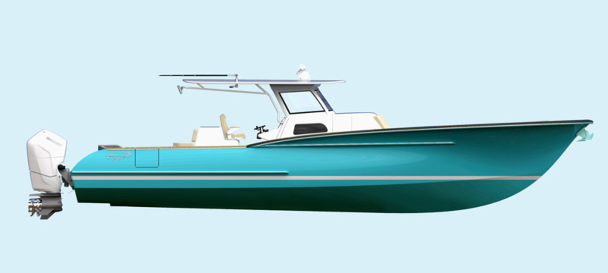 The Mystique 48 CC has a classic Carolina-style bow with a tumblehome aft and plenty of power thanks to quad 600-hp V-12 Mercury outboards. 