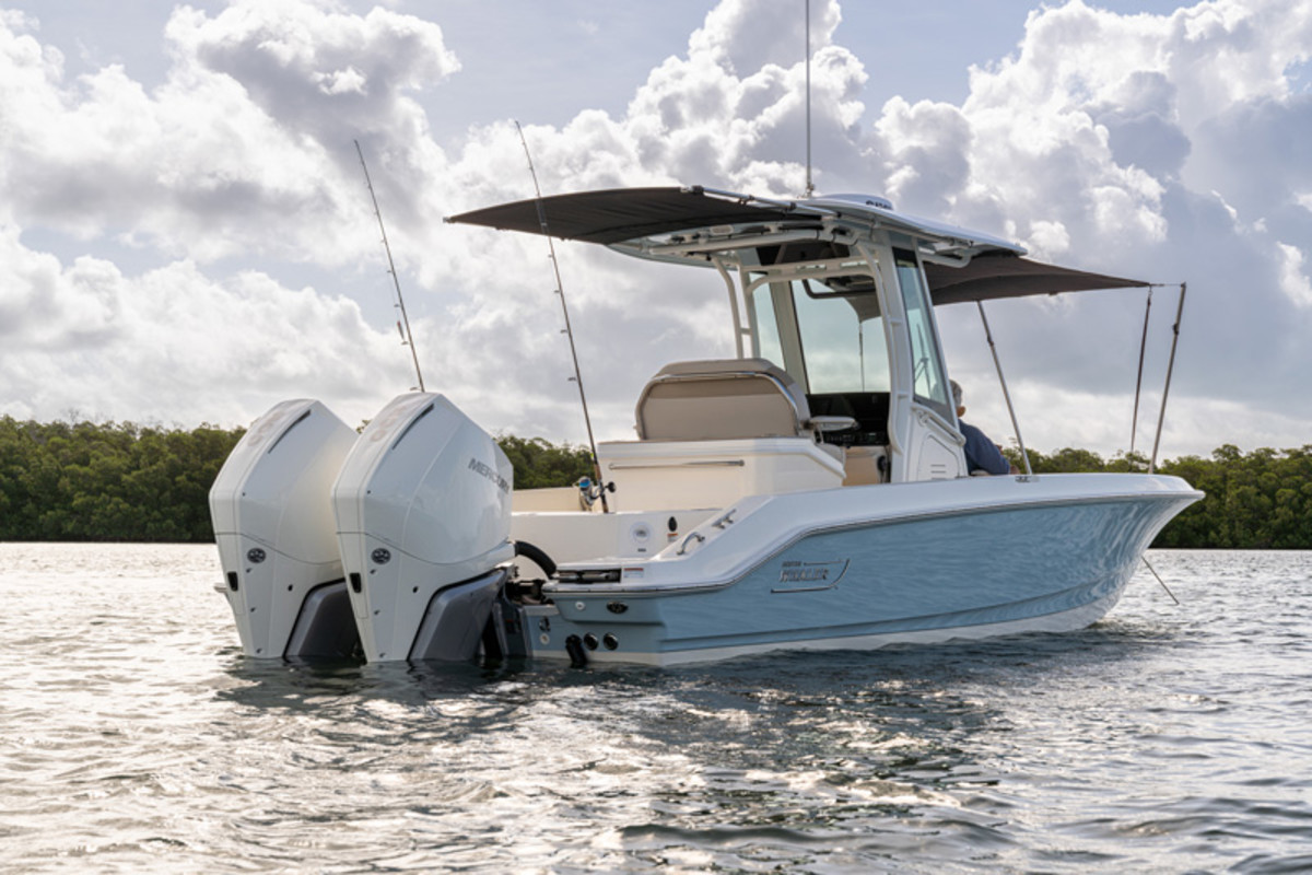 The boat is rated for up to 600-hp but also runs well on a single outboard. 