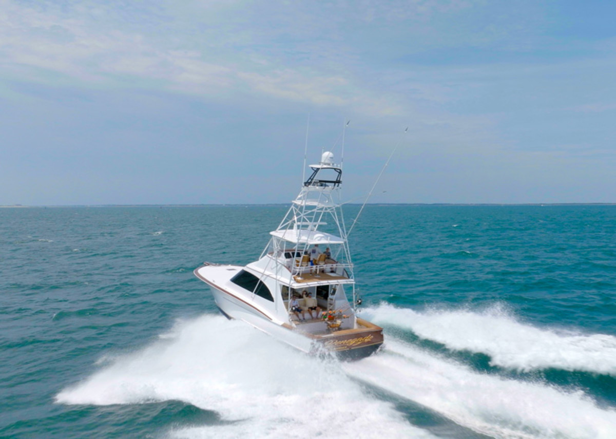 Jarrett Bay's latest vessel offers a conventional flybridge with a lower helm that is more of an express style. 