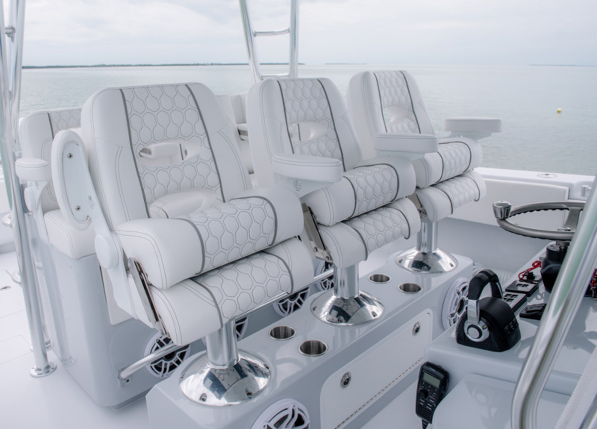 The helm offers covered seating for six and clear sight lines. 